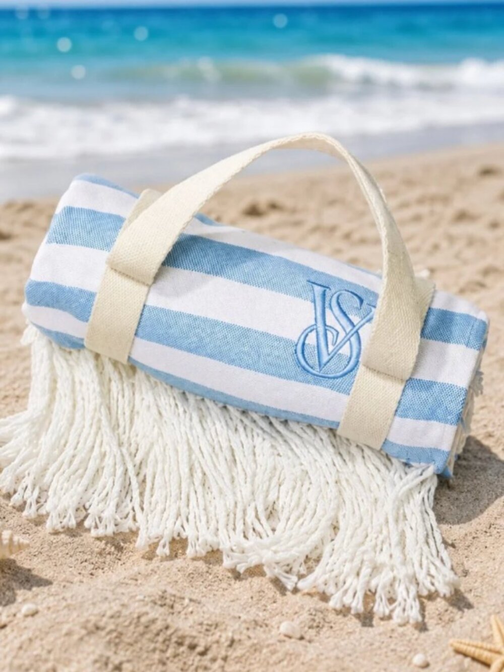 NWT! Victoria's Secret Light Blue and White Striped Beach Towel Blanket  Fringe